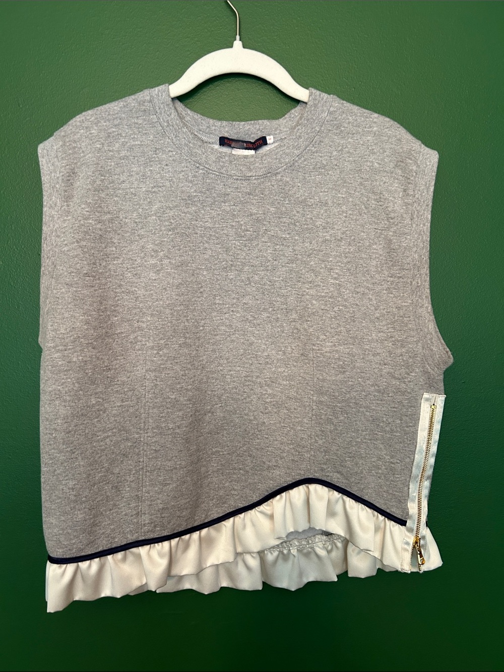 Unique piece! Sleeveless Gray Sweatshirt Top with White Ruffle Trim